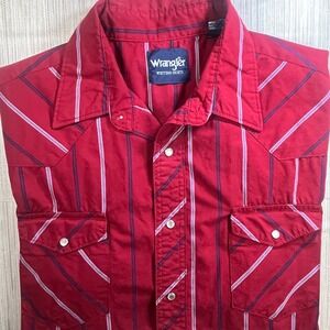 Wrangler Western Shirts Mens Red Stripe Short Sleeve Pearl Snap Button Size XL